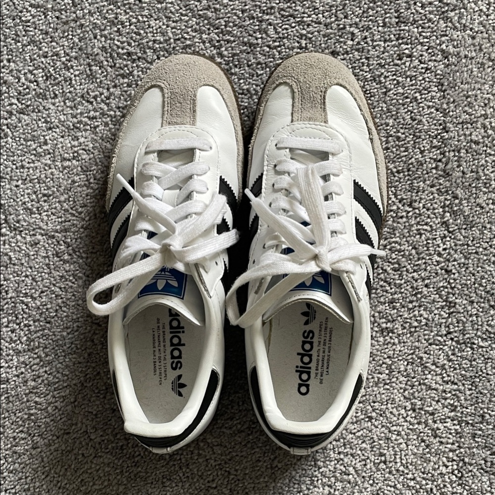 Adidas White Samba Sneakers with Black Stripes. Worn twice, no signs of wear.